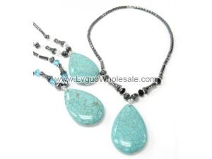 Assorted Color Semi-precious Stone with Big Turquoise Teardrop Pendant Hematite Necklace